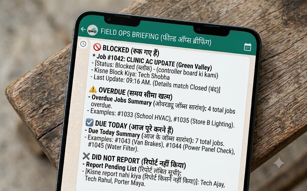 A morning briefing message listing blocked, overdue and due-today work
