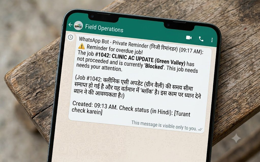 A reminder about an overdue job, sent privately on WhatsApp