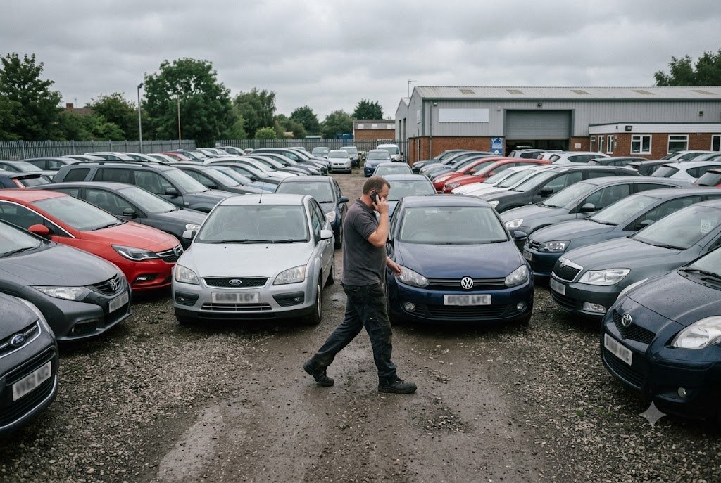 A dealership forecourt with the assistant tracking recon and service jobs