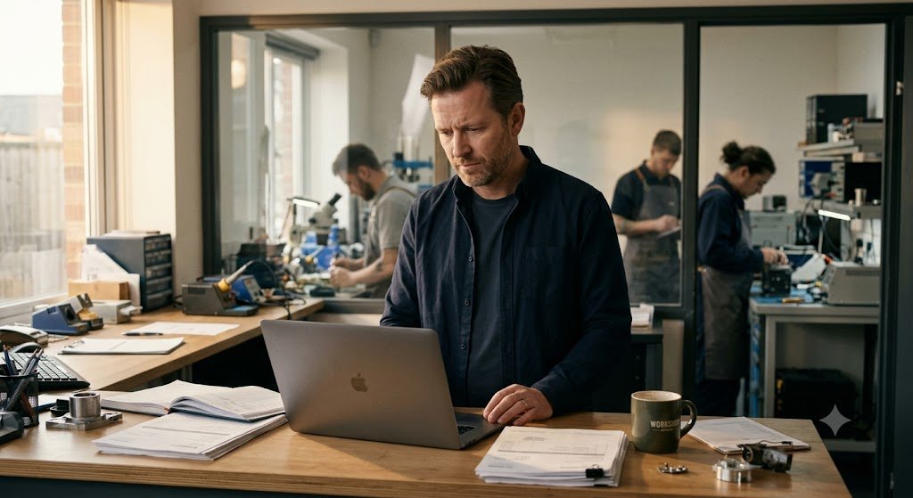 A business owner checking the day's job list on a laptop while the team works behind them